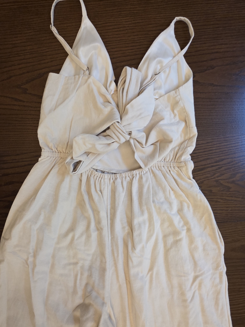Japna Beige Linen Jumpsuit Wide-leg V-neck Boho-chic Resort Wear Costal Grandma - Picture 5 of 6